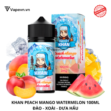 Tinh dầu free base KHAN PEACH MANGO WATERMELON 100ML pod system vũng tàu, vape box vũng tàu, thuốc lá điện tử